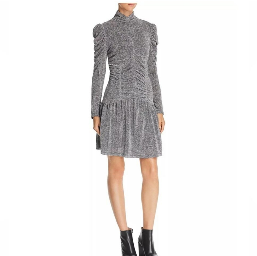 M Rebecca Taylor Ruched Metallic Silver Mock Neck Party Dress